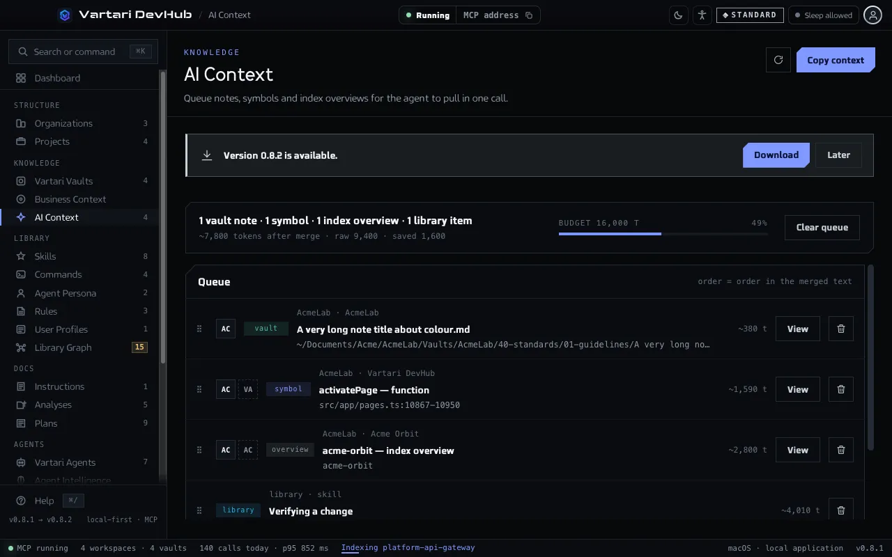 The AI Context screen with a queue of items, each with its kind, owner and size in tokens, a budget indicator, a preview of the merged text and the Copy context button. The sample data shown is made up.