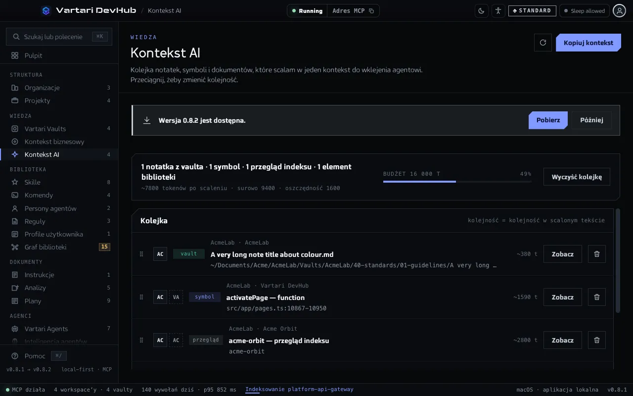 Ekran Kontekst AI z kolejką elementów, każdy z rodzajem, właścicielem i rozmiarem w tokenach, wskaźnikiem budżetu, podglądem scalonego tekstu i przyciskiem Kopiuj kontekst. Pokazane dane przykładowe są zmyślone.