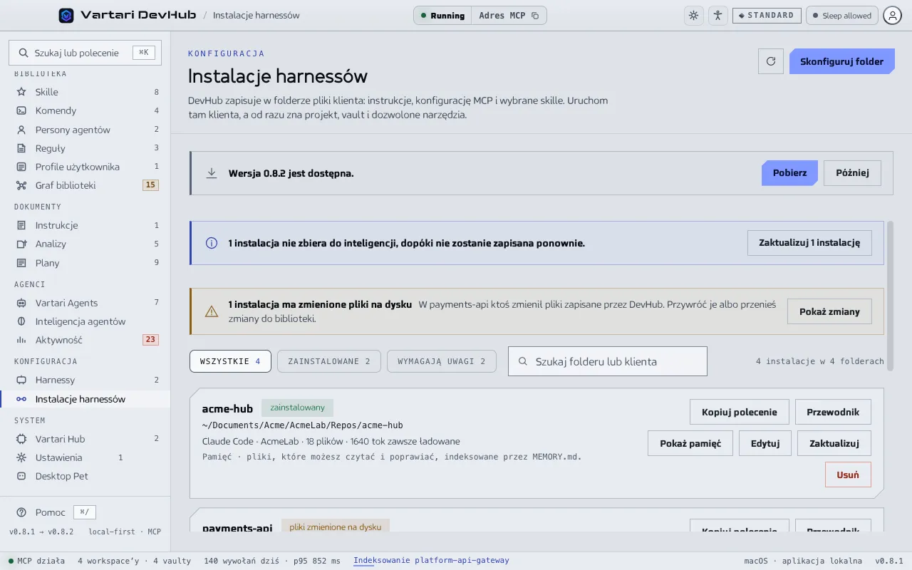 Ekran Instalacje harnessów z instalacjami jako wierszami, każdy z folderem, klientem, liczbą zapisanych plików i przyciskami Kopiuj polecenie, Przewodnik, Pokaż pamięć, Edytuj, Zaktualizuj i Usuń. Pokazane dane przykładowe są zmyślone.