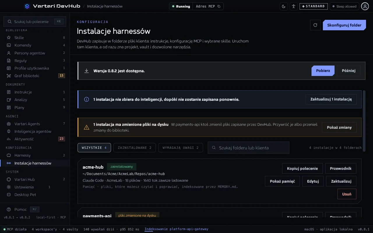 Ekran Instalacje harnessów z instalacjami jako wierszami, każdy z folderem, klientem, liczbą zapisanych plików i przyciskami Kopiuj polecenie, Przewodnik, Pokaż pamięć, Edytuj, Zaktualizuj i Usuń. Pokazane dane przykładowe są zmyślone.
