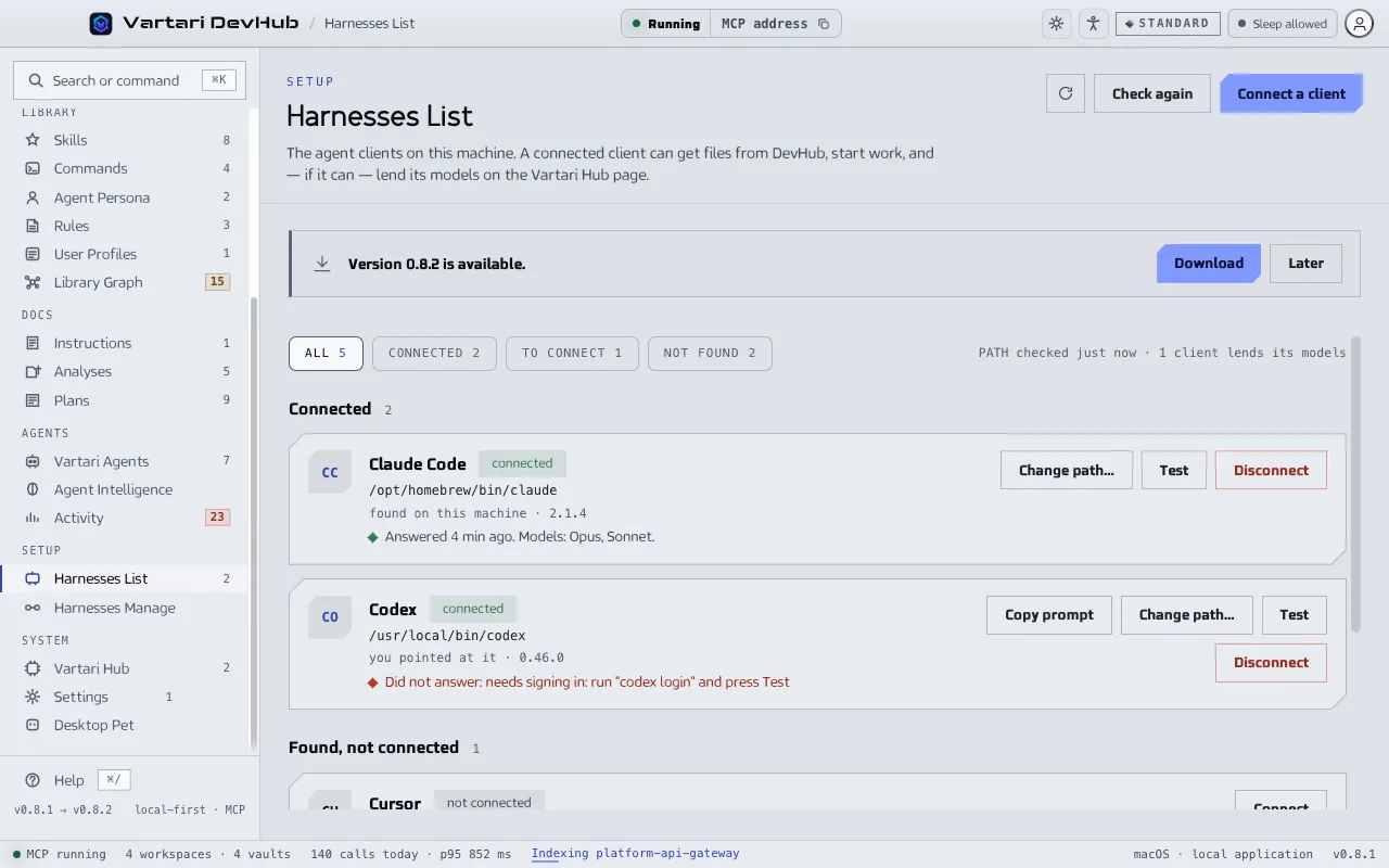 The Harnesses List screen with clients grouped as Connected, Found not connected and Not found, each with its path, version and the buttons Test, Change path and Disconnect. The sample data shown is made up.