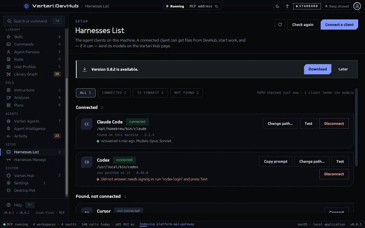 The Harnesses List screen with clients grouped as Connected, Found not connected and Not found, each with its path, version and the buttons Test, Change path and Disconnect. The sample data shown is made up.