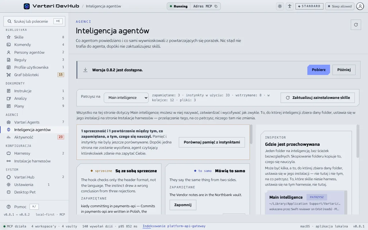 Ekran Inteligencja agentów z zakładkami Pamięć i Instynkty, sekcją Czeka na Ciebie, kolejką zebranych porażek i przyciskiem Zaktualizuj zainstalowane skille. Pokazane dane przykładowe są zmyślone.