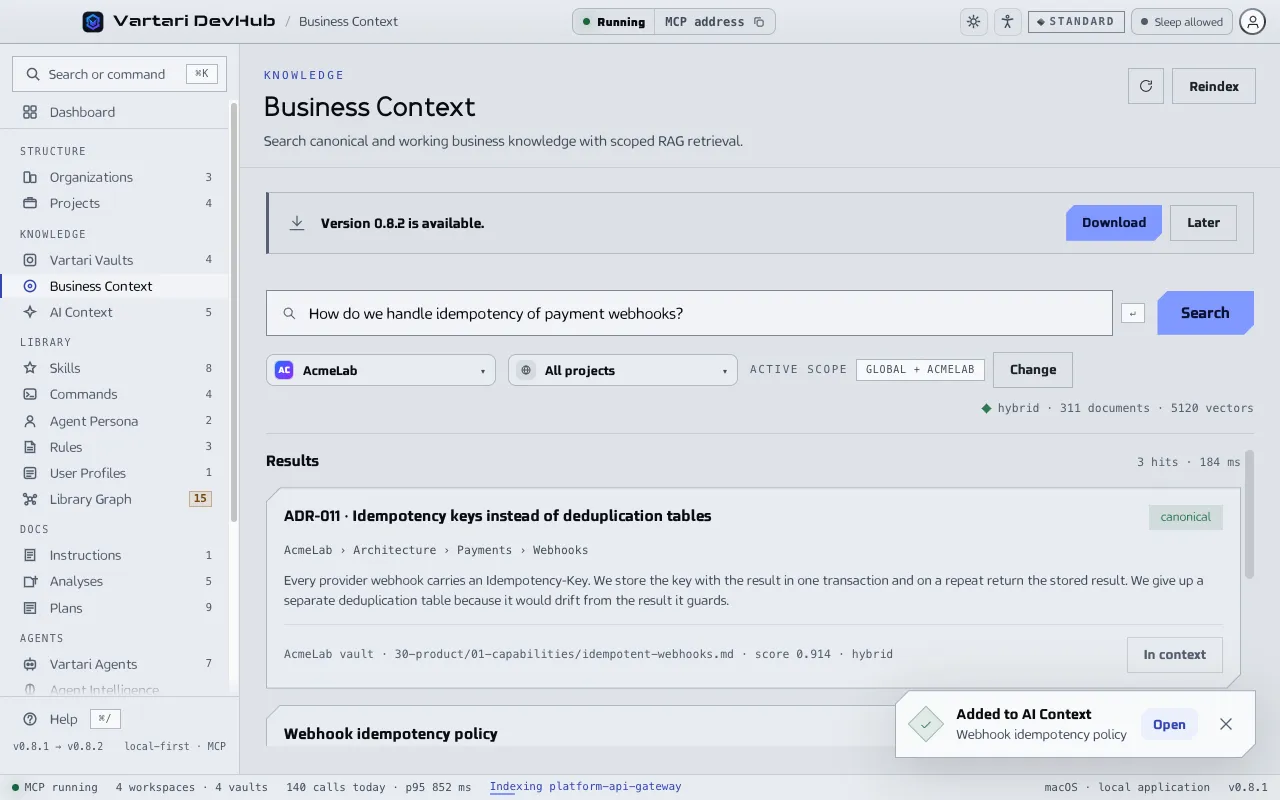 The Business Context screen with a question in the search box, the scope set to one organization and a list of results with the vault, path and score of each note. The sample data shown is made up.