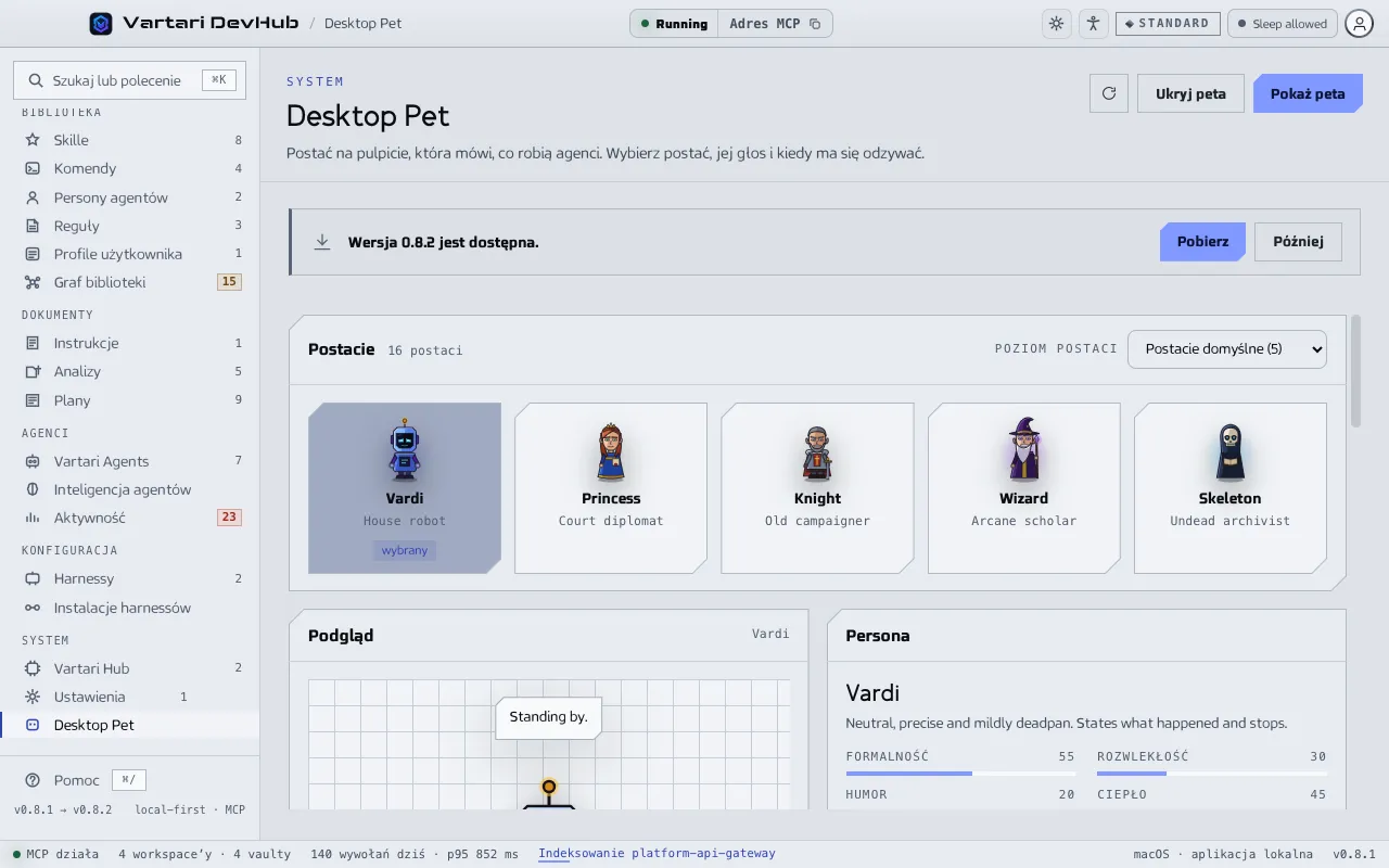 Ekran Desktop Pet z galerią postaci, podglądem z dymkiem i personą z wartościami głosu. Pokazane dane przykładowe są zmyślone.