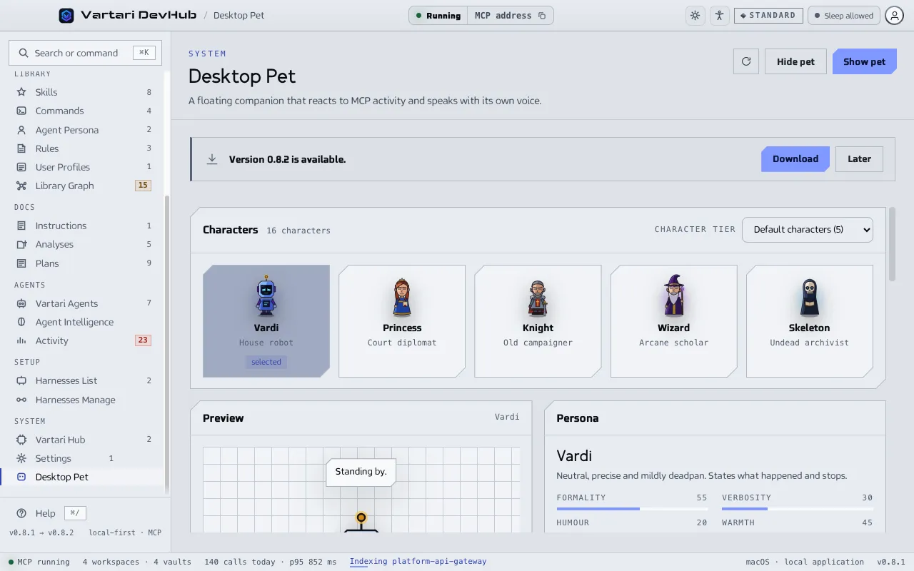 The Desktop Pet screen with a gallery of characters, a preview with a speech bubble and the persona with its voice values. The sample data shown is made up.