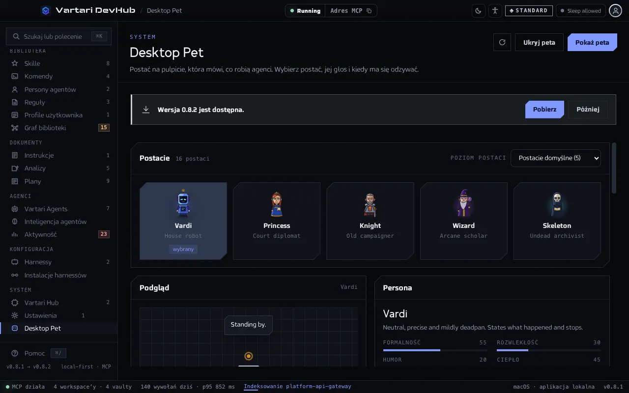 Ekran Desktop Pet z galerią postaci, podglądem z dymkiem i personą z wartościami głosu. Pokazane dane przykładowe są zmyślone.