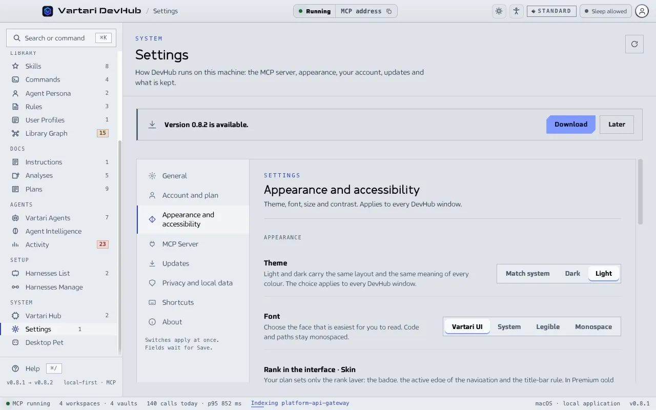 The Appearance and accessibility section of Settings with the theme, font and skin choices and, below them, text size, interface zoom, contrast and motion. The sample data shown is made up.