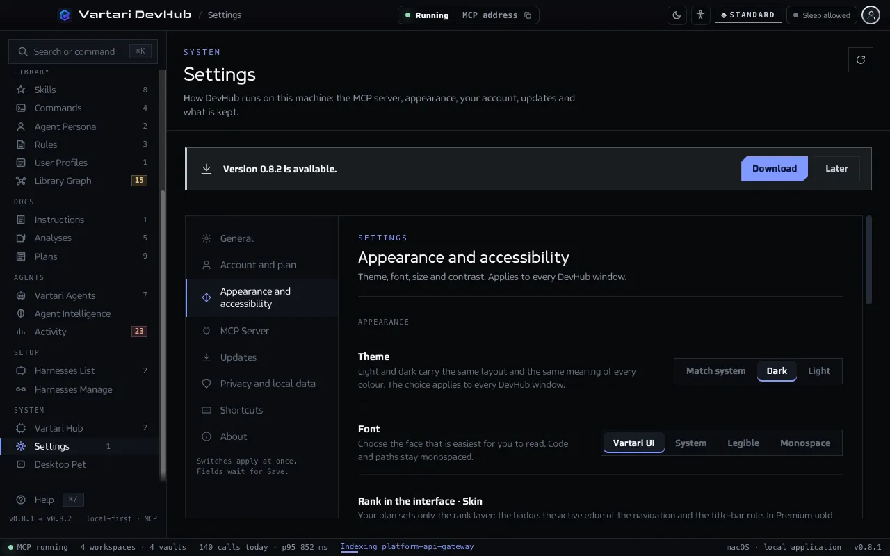 The Appearance and accessibility section of Settings with the theme, font and skin choices and, below them, text size, interface zoom, contrast and motion. The sample data shown is made up.