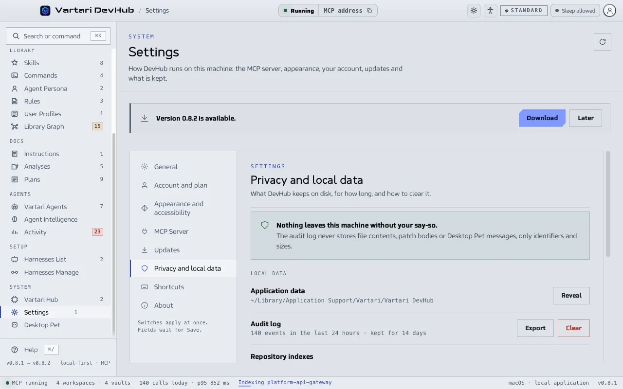 The Settings screen, section Privacy and local data, with the local data, the audit log and its Export and Clear buttons. The sample data shown is made up.