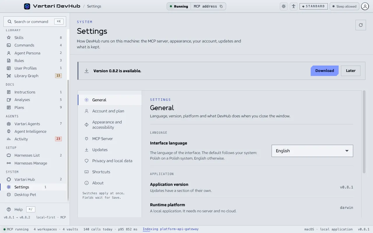 The Settings screen with the list of sections on the left and the General section open, showing the language, the version and what happens when the window closes. The sample data shown is made up.