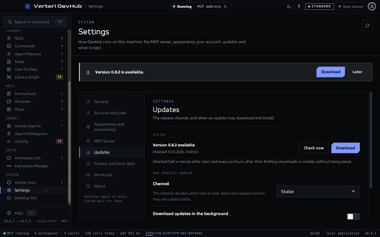 The Updates section of Settings with the update status, the Check now button, the release channel and two switches for downloading in the background and installing on quit. The sample data shown is made up.