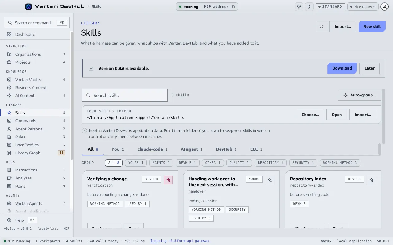 The Skills screen with a list of skills, each marked with its source and the personas and profiles that name it. The sample data shown is made up.