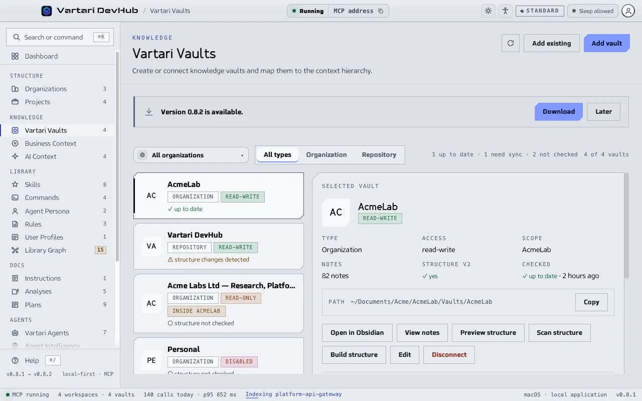 The Vartari Vaults screen with a list of vaults, a filter by type and the details of the selected vault: access, scope, notes, structure and path. The sample data shown is made up.